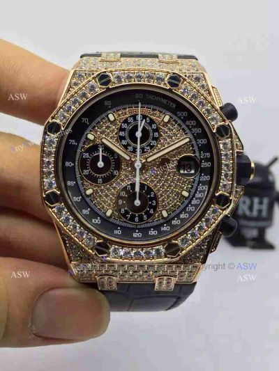 Replica Audemars Piguet Watch Rose Gold Case diamond dial diamond bezel Black Leather